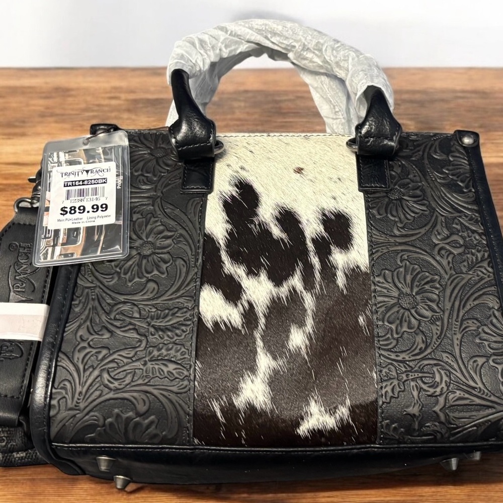 Trinity Ranch Black Hair on Cowhide, Tooled Leather Carry Concealed Tote